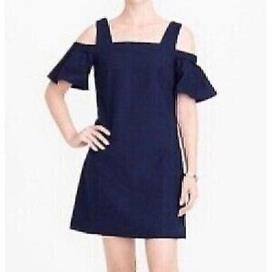J. CREW Cold Shoulder Basketweave Textured Dress Navy Blue Mini Cotton Shift XS